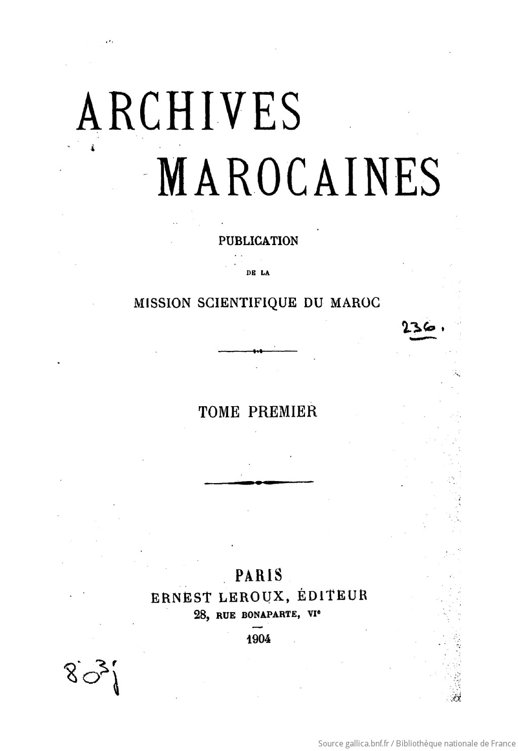 First volume of Archives Marocaines
